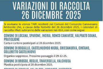 Variazione calendario di raccolta rifiuti giorno 26 dicembre 2025.